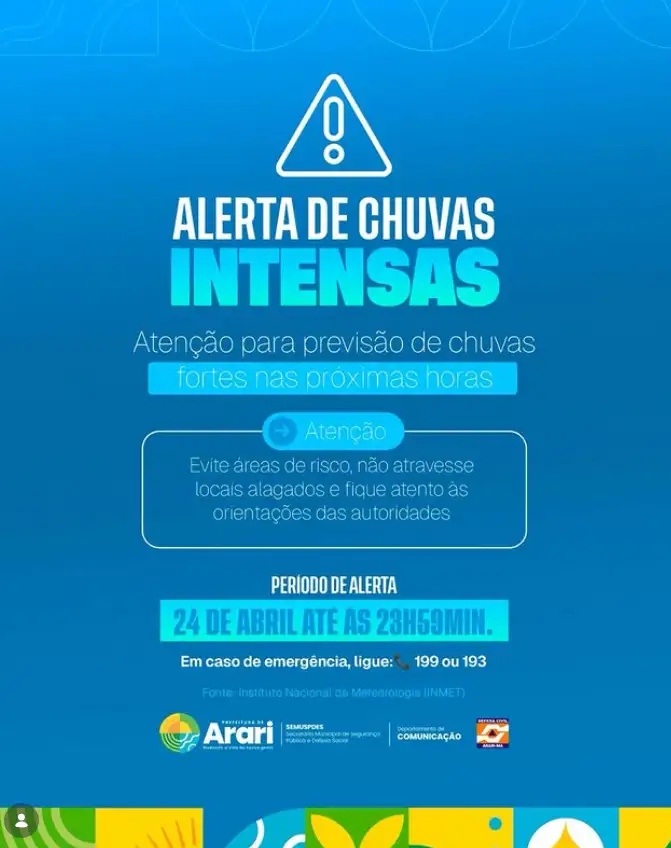 ALERTA DE CHUVAS INTENSAS EM ARARI.